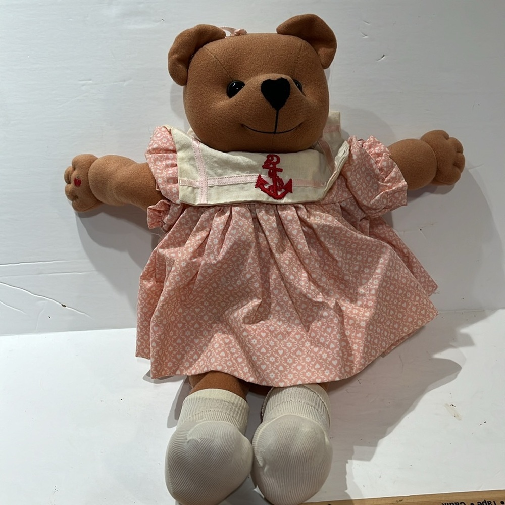 Teddy Apple Bear, 1980’s stuffed vintage plush with Dress, under pants & socks